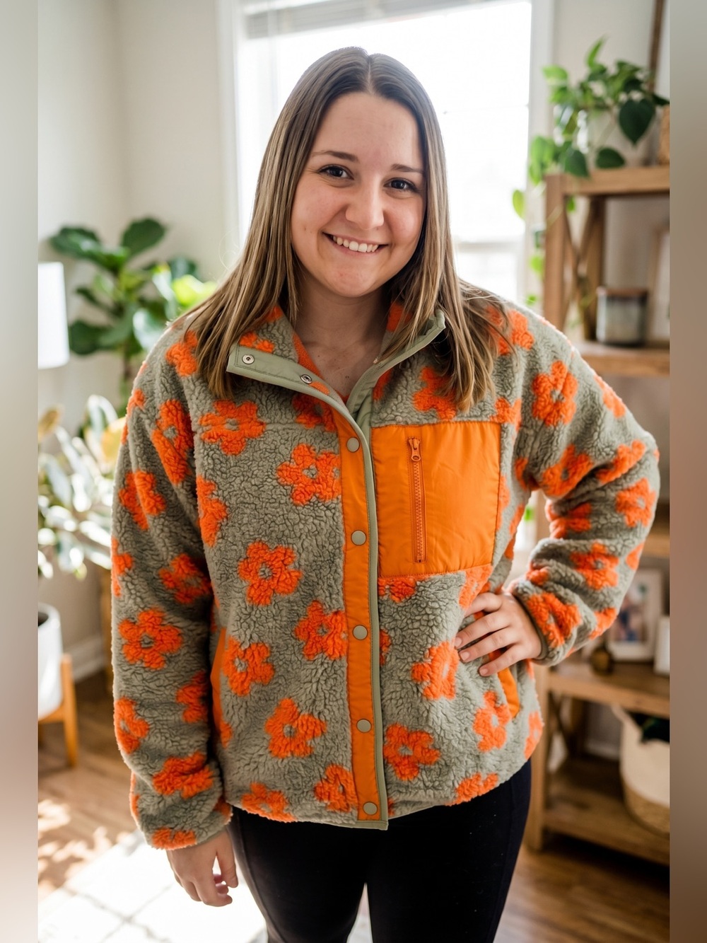 Haptics Snap Floral Fleece Pullover Teddy Jacket